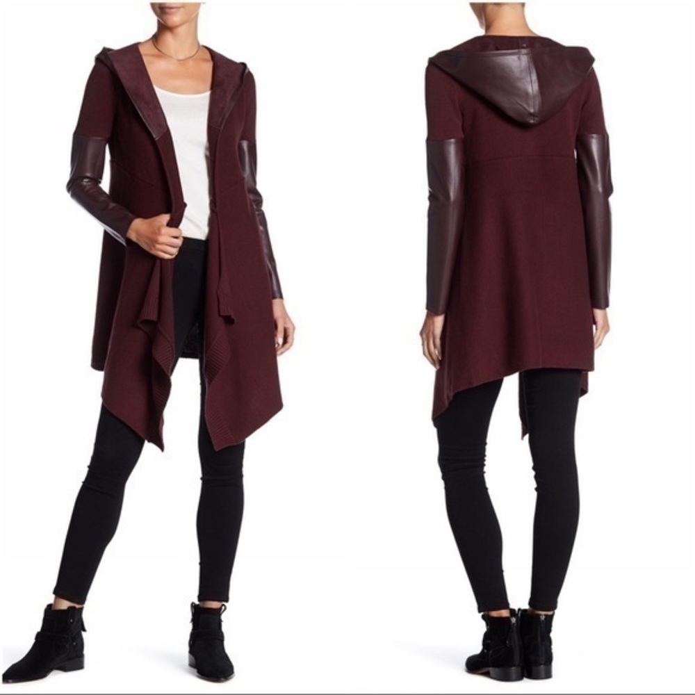 BlankNYC Faux Leather Hooded Long Jacket - BROWN